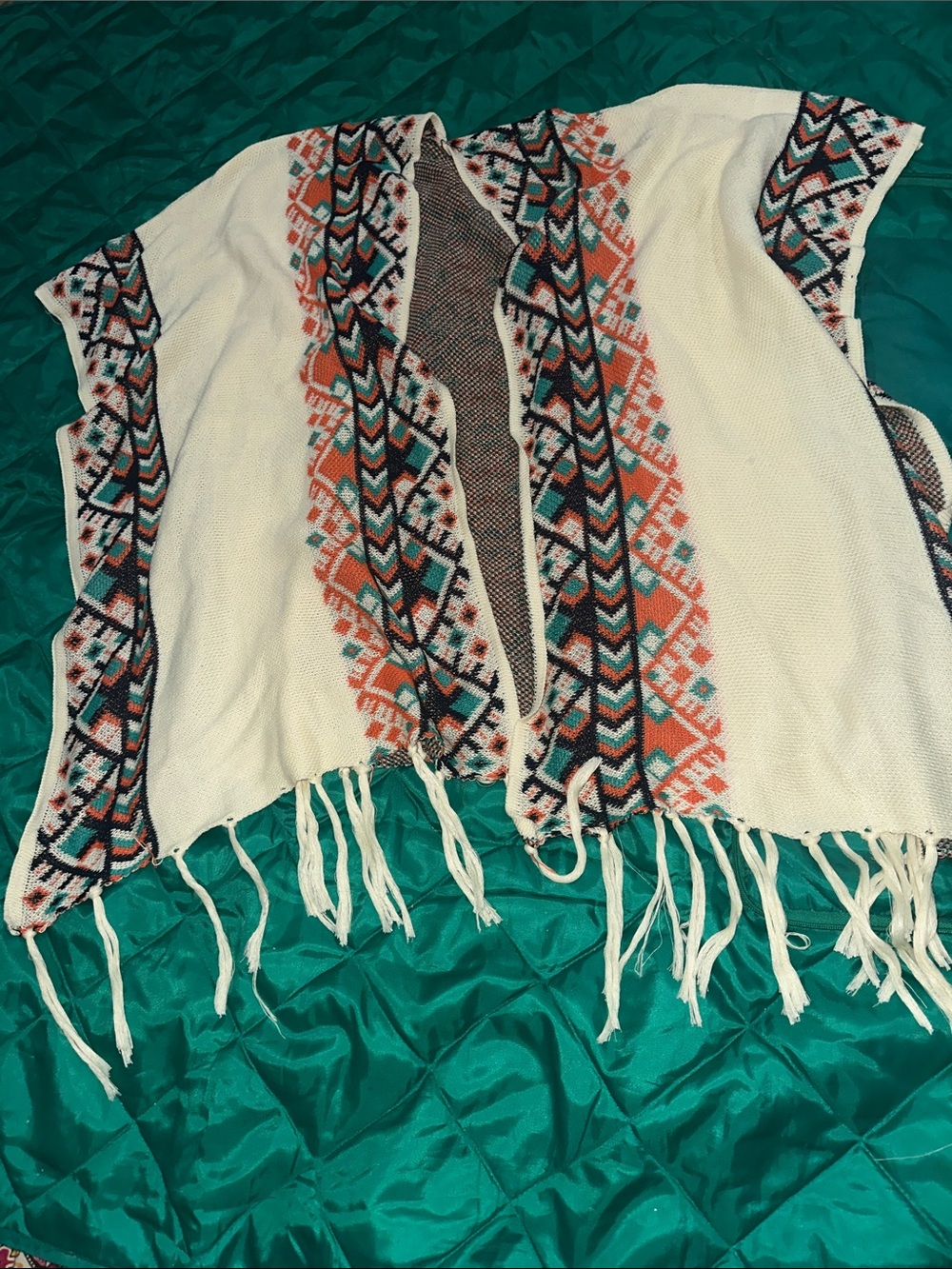 Fringed Open-Front Poncho Shrug - Cream with Coral & Teal Geometric Trim